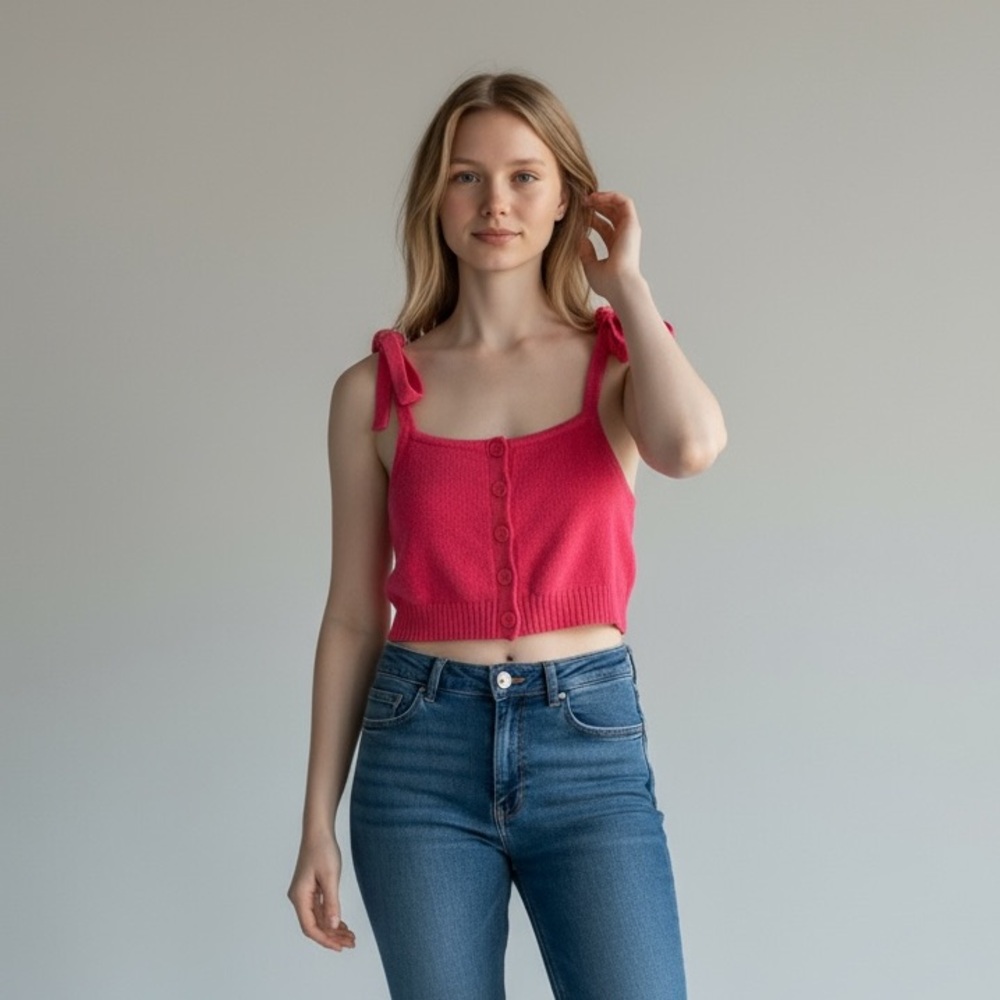 JoosTricot Knit Cropped Top XS Coral Pink Button Front Tie‎ Strap Tank Linen - Picture 7 of 9